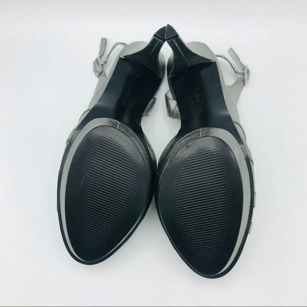 NEW CALVIN KLEIN SILVER LEATHER SLINGBACKS - Picture 9 of 10
